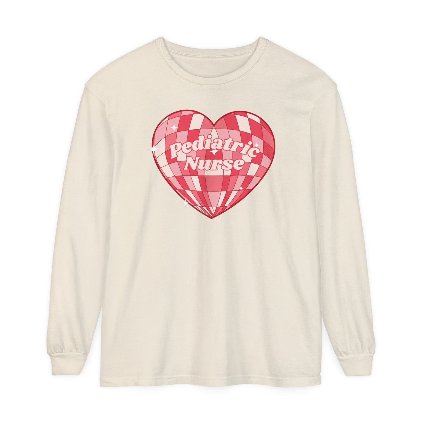 Pediatric Nurse Valentines Day Long sleeve, retro heart, comfort colors long sleeve.