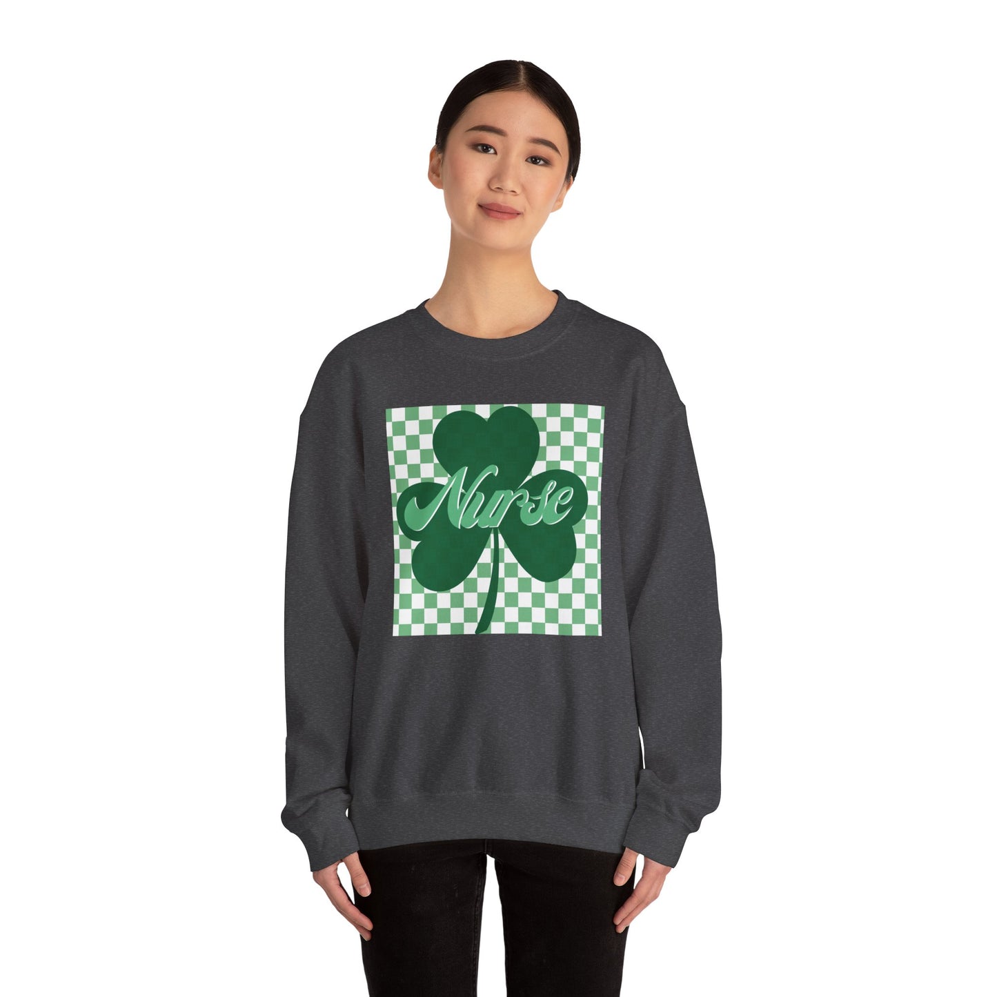 Retro Green Checkered Clover Nurse St. Patricks Clover Sweatshirt,  Heart RN, nurse, retro lucky nurse, ED RN Nurse St. Pattys Sweatshirt