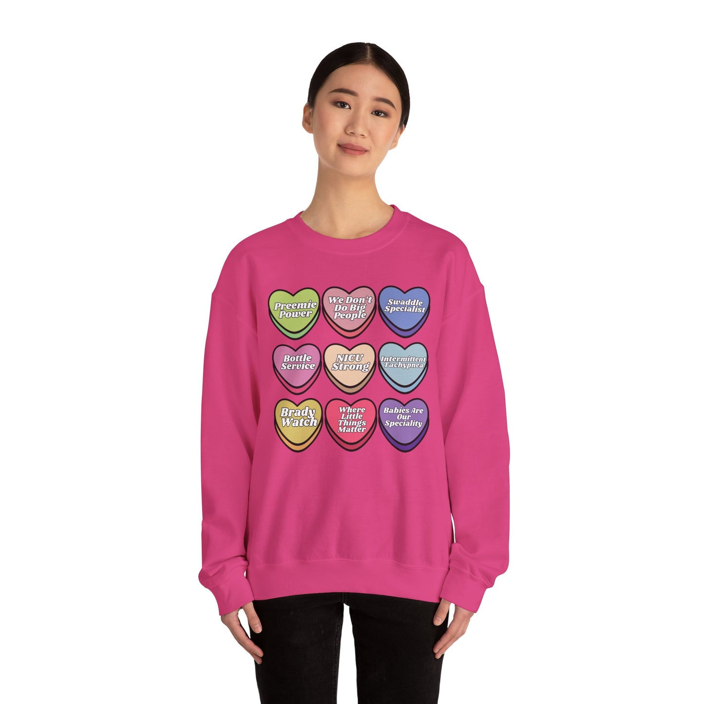 NICU Nurse Valentine’s Day Sweatshirt, Cute Candy Heart NICU Sayings, match your coworkers this Valentine’s Day