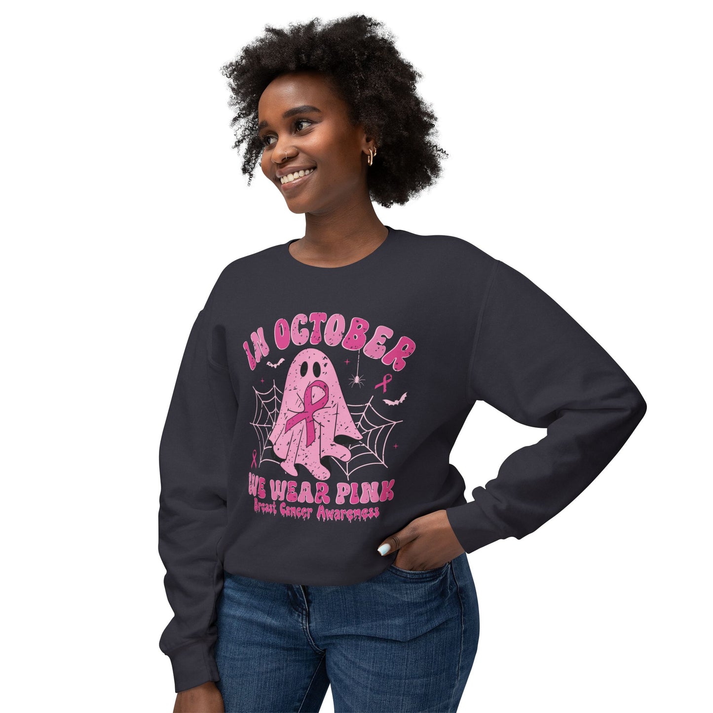 Comfort colors Breast Cancer Awareness Ghost Sweatshirt, In October We Wear Pink, cozy sweatshirt to support breast cancer