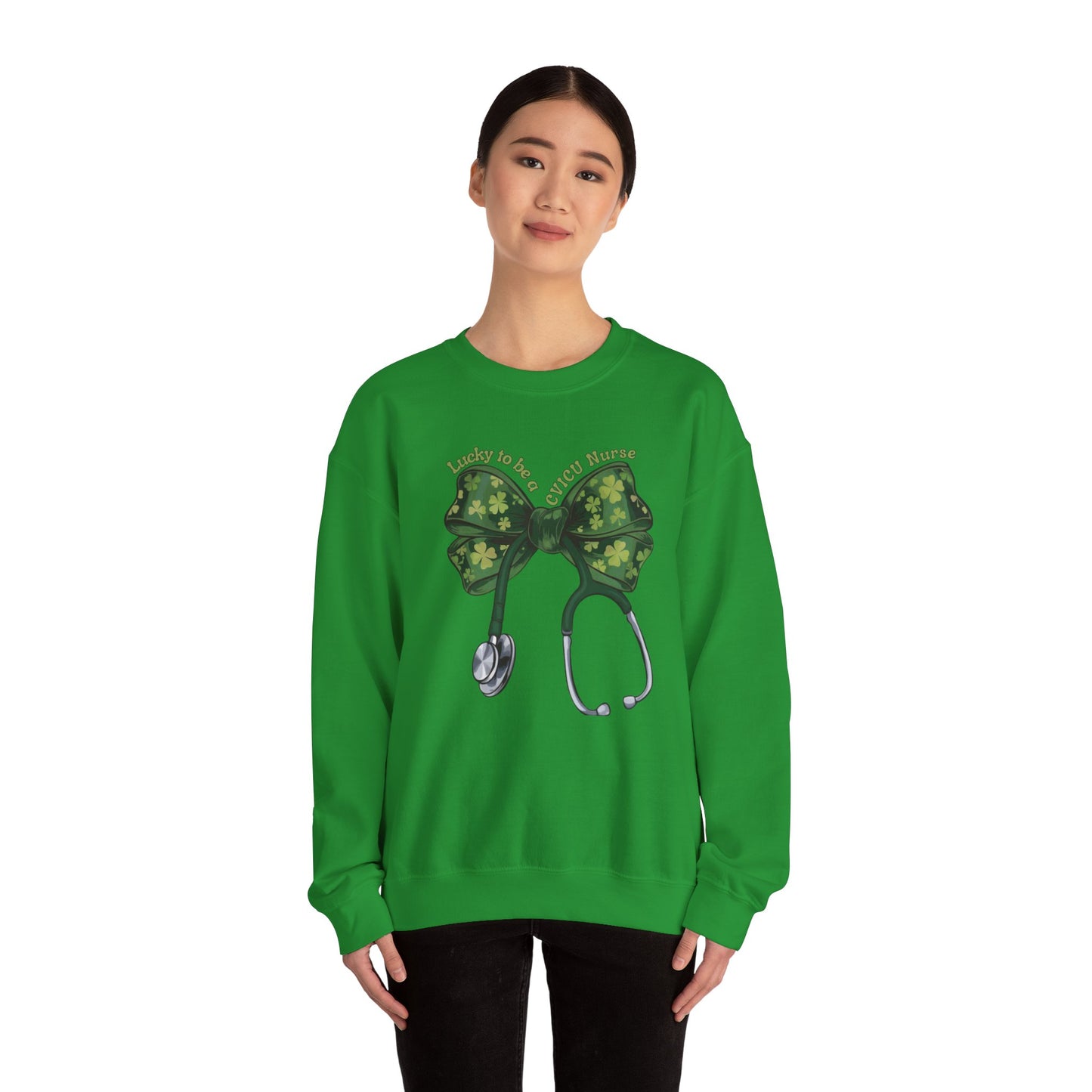 Lucky to be a Heart Center CVICU Nurse St. Patricks Day Sweatshirt Coquette Bow Stethoscope, RN sweatershirt, ER Nurse, NICU Nurse, PICU nurse, clover, lucky nurse sweatshirt.