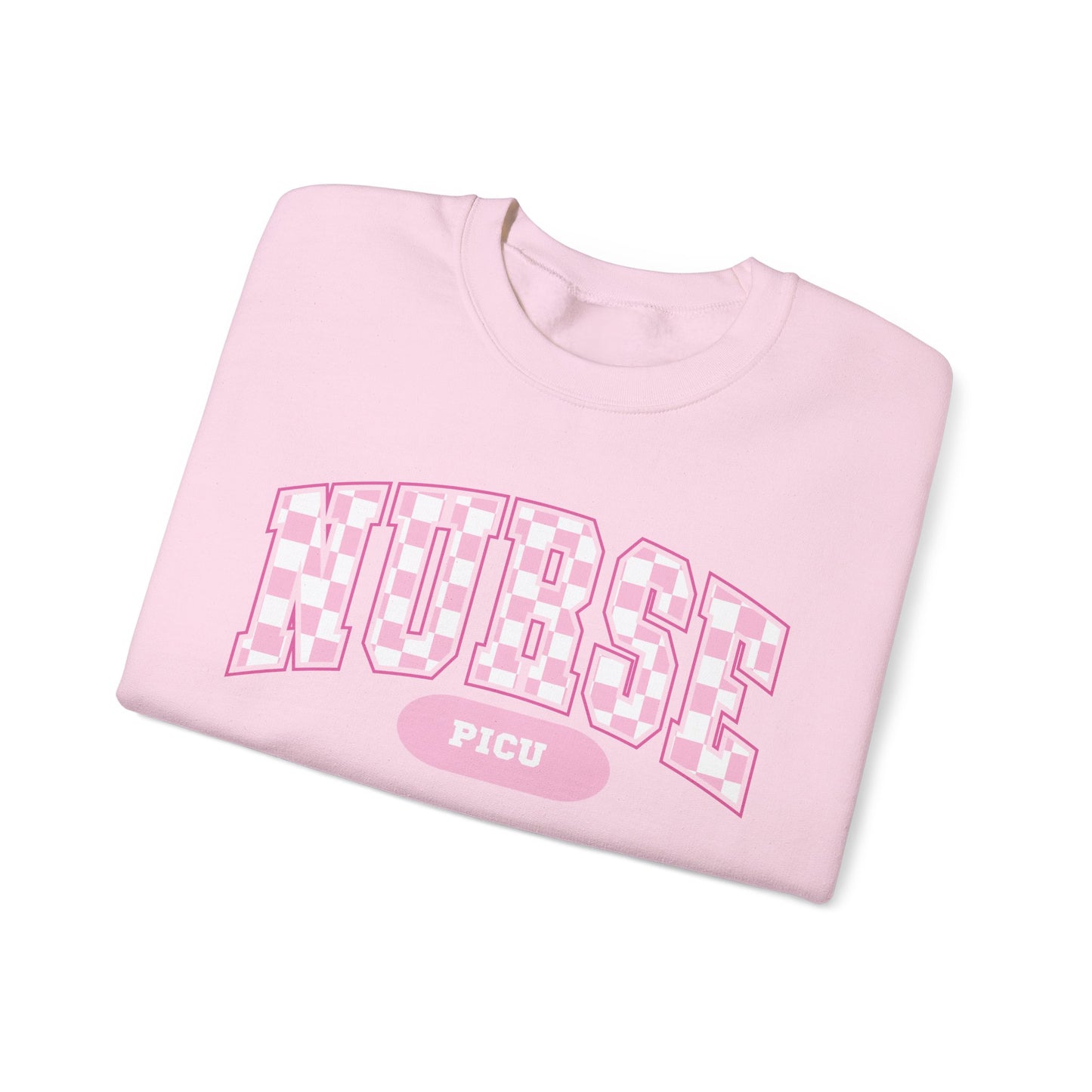 Retro Checkered PICU Varsity Letter Nurse Sweatshirt, Comfy Gildan Sweatshirt