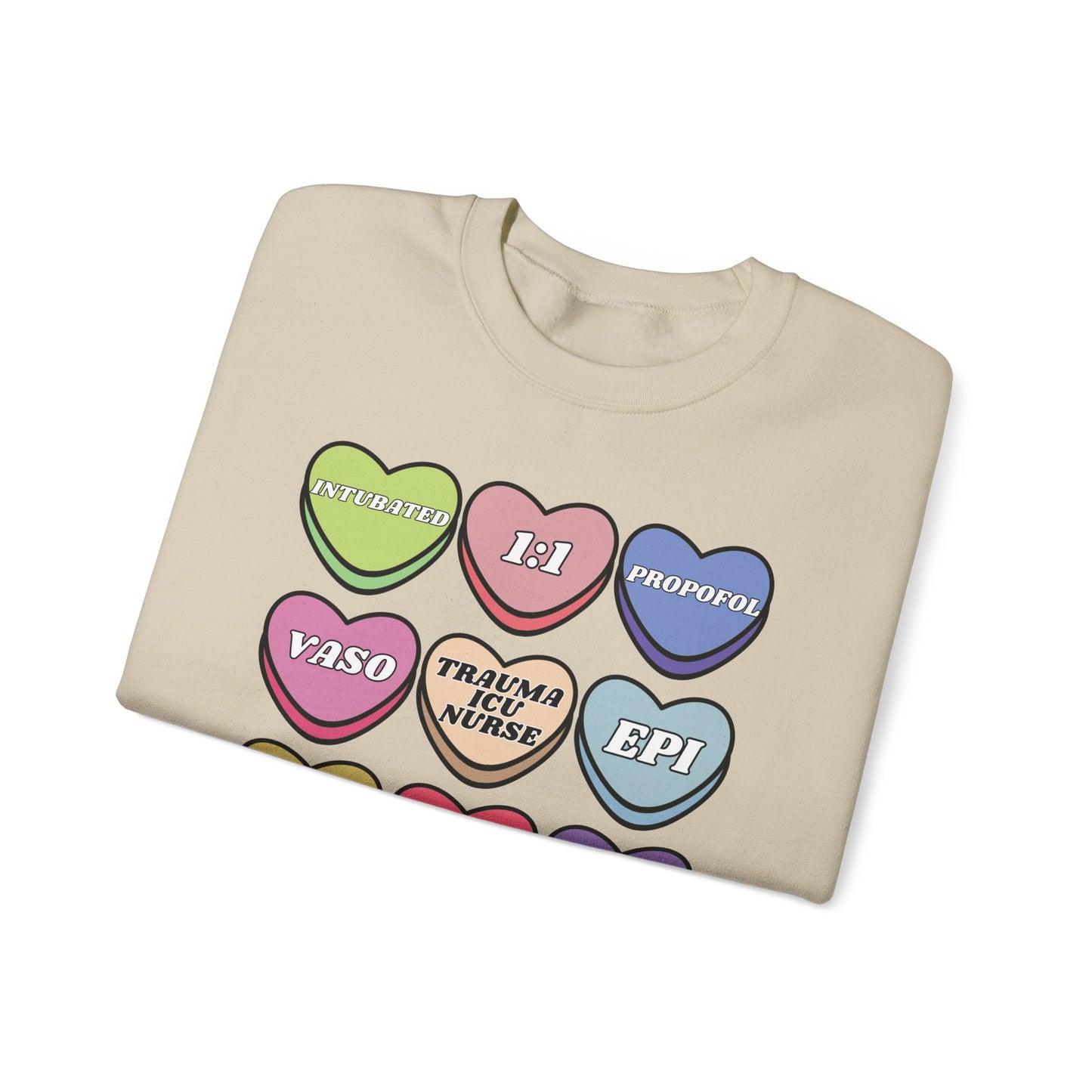Funny Trauma ICU Nurse Valentine’s Day Sweatshirt, Cute Candy Heart NICU Sayings, match your coworkers this Valentine’s Day