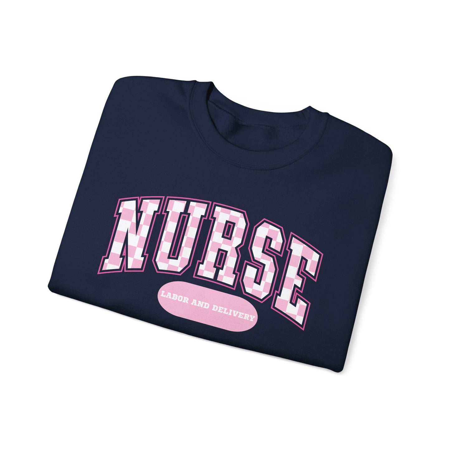 Retro Checkered Labor and Delivery Varsity Letter Nurse Sweatshirt, Comfy Gildan Sweatshirt