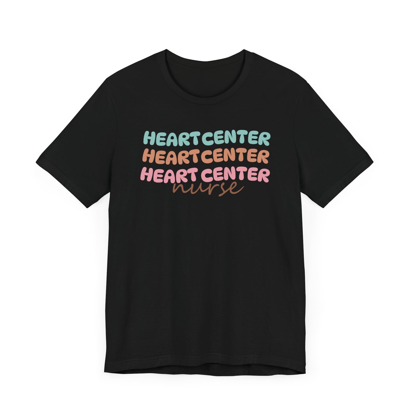 Rainbow Heart Center Bella Canvas Tshirt, multicolor tshirt perfect for work or out.